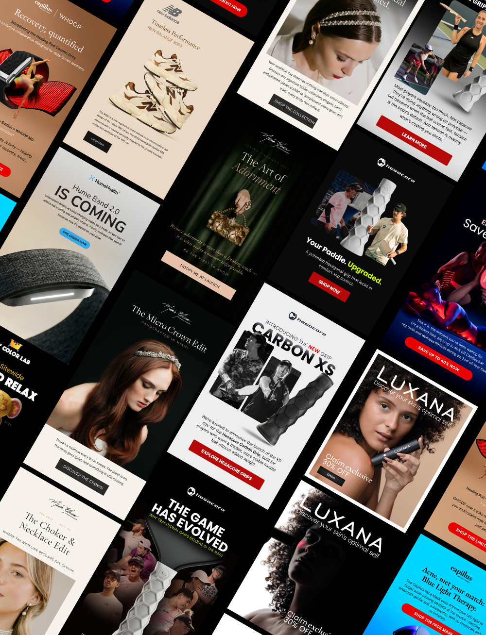 Collage of email and SMS campaign designs by Olko for ecommerce brands
